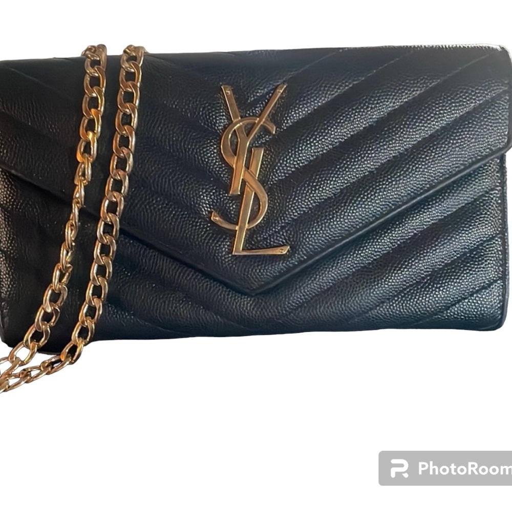 YSL black Leather long bifold clutch/ Wallet with front map closure